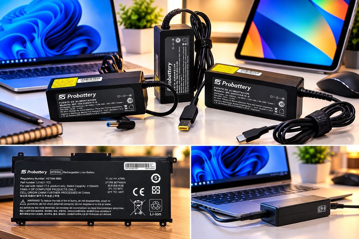 Cargadores y baterías para notebook sobre un escritorio, junto a una notebook y una tablet